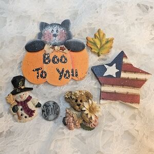 Holiday Lapel Pins • Vintage • Set of 5 • Brooch • Boyds Bears • Metal • Wood